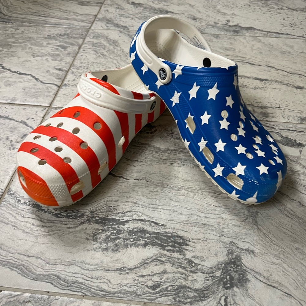 Men’s Size 13 Red White and Blue Crocs. Like brand new